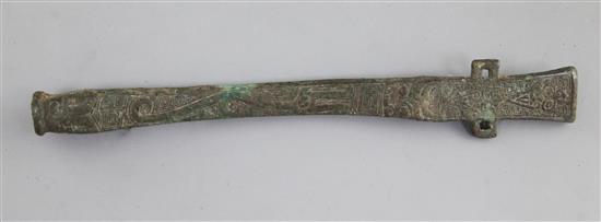 A Chinese archaic bronze horse bridle ornament, Western Zhou dynasty, 11th-8th century B.C., 24cm long